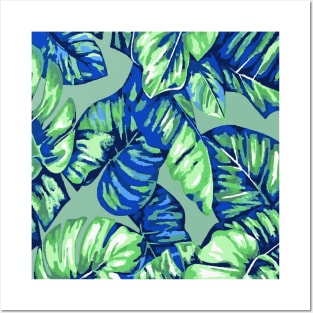 Tropical Leaves Of Banana and Monstera Blue Green Cut Out 2 Posters and Art